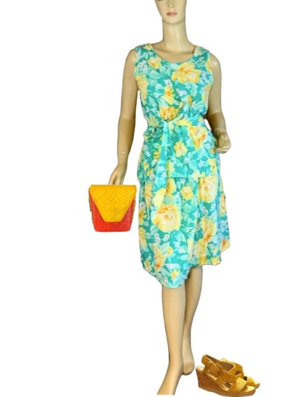 HAND CRAFTED TEAL, YELLOW & ORANGE FLORAL PRINT SKIRT, TUNIC & BELT SET (L)